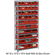 Open Bin Shelving w/8 Shelves & 15 Red Bins, 36x18x73