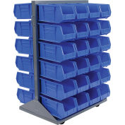 Double-Sided Mobile Rack with (48) Blue Bins, 36x25-1/2x55