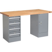 Pedestal Workbench w/ 4 Drawers & Cabinet, Maple Butcher Block Square Edge, 60"W x 30"D, Gray