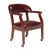 Conference Arm Chair With Casters, Vinyl Upholstery, Red