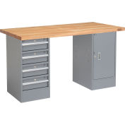 Pedestal Workbench W/4 Drawers & Cabinet, Maple Butcher Block Square Edge, 72"W x 30"D, Gray