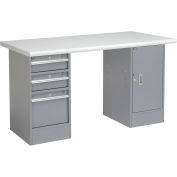 Pedestal Workbench W/ 3 Drawers & 1 Cabinet, Plastic Laminate Safety Edge, 60"W x 30"D, Gray