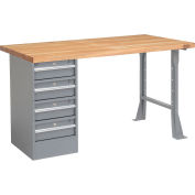 Pedestal Workbench W/ 4 Drawers, Maple Butcher Block Square Edge, 72"W x 30"D, Gray