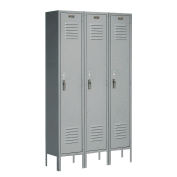 Single Tier Locker, 12x18x72, 3 Door, Unassembled, Gray.