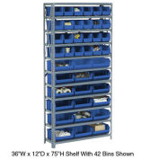 Open Bin Shelving w/6 Shelves & 21 Blue Bins, 36x12x39