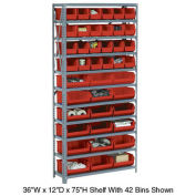 Open Bin Shelving w/6 Shelves & 21 Red Bins, 36x12x39