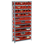 Open Bin Shelving w/5 Shelves & 16 Red Bins, 36x12x39