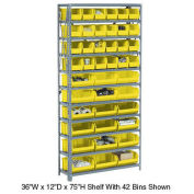 Open Bin Shelving w/6 Shelves & 15 Yellow Bins, 36x12x39