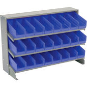Global Industrial 3 Shelf Bench Rack, (24) 4"W Blue Bins, 33x12x21