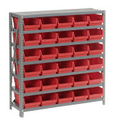 7 Shelf Steel Shelving with (30) 4"H Plastic Shelf Bins, Red, 36x12x39