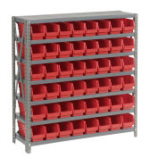 7 Shelf Steel Shelving with (48) 4"H Plastic Shelf Bins, Red, 36"Wx12"Dx39"H