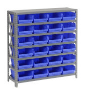 7 Shelf Steel Shelving with (24) 4"H Plastic Shelf Bins, Blue, 36x12x39