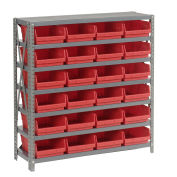 7 Shelf Steel Shelving with (24) 4"H Plastic Shelf Bins, Red, 36x12x39
