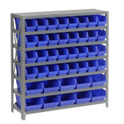 7 Shelf Steel Shelving with (42) 4"H Plastic Shelf Bins, Blue, 36x12x39