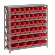 7 Shelf Steel Shelving with (42) 4"H Plastic Shelf Bins, Red, 36x12x39