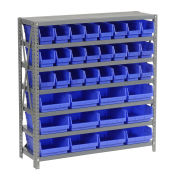7 Shelf Steel Shelving with (36) 4"H Plastic Shelf Bins, Blue, 36x12x39
