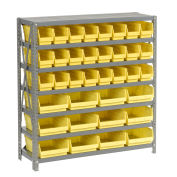 7 Shelf Steel Shelving with (36) 4"H Plastic Shelf Bins, Yellow, 36x12x39