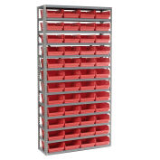 13 Shelf Steel Shelving with (48) 4"H Plastic Shelf Bins, Red, 36x12x72