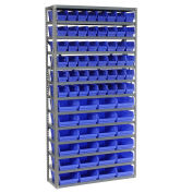 13 Shelf Steel Shelving with (72) 4"H Plastic Shelf Bins, Blue, 36x12x72