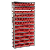 13 Shelf Steel Shelving with (72) 4"H Plastic Shelf Bins, Red, 36x12x72