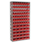 13 Shelf Steel Shelving with (81) 4"H Plastic Shelf Bins, Red, 36x12x72