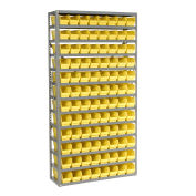 13 Shelf Steel Shelving with (96) 4"H Plastic Shelf Bins, Yellow, 36x12x72