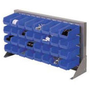 Louvered Bench Rack with (22) Blue Stacking Akrobins, 36x15x20