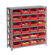 7 Shelf Steel Shelving with (18) 4"H Plastic Shelf Bins, Red, 36x18x39