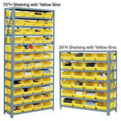 13 Shelf Steel Shelving with (36) 4"H Plastic Shelf Bins, Yellow, 36x18x75