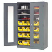 Locking Storage Cabinet Clear Door with (20) Yellow Removable Bins, 48x24x78, Unassembled