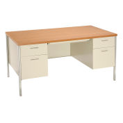 HON Steel Desk, Double Pedestal, 60" x 30", Oak/Putty
