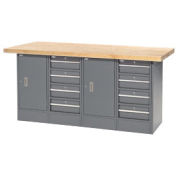 Global Industria Workbench w/ Maple Square Edge Top, 8 Drawers & 2 Cabinets, 72"Wx24"D, Gray