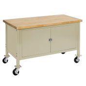 Mobile Workbench with Security Cabinet, Maple Butcher Block Square Edge, 72"W x 30"D, Tan