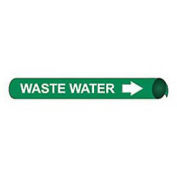 Pipe Marker - Precoiled and Strap-on - Waste Water, Green, For Pipe 2-1/2" - 3-1/4",12"W