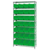 Wire Shelving With (28) Giant Plastic Stacking Bins Green, 36x14x74