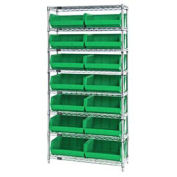 Wire Shelving With (14) Giant Plastic Stacking Bins Green, 36x(14)x74