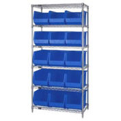 Wire Shelving With (15) Giant Plastic Stacking Bins Blue, 36x18x74