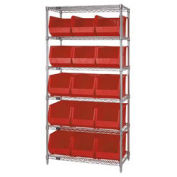 Wire Shelving With (15) Giant Plastic Stacking Bins Red, 36x18x74