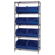 Wire Shelving With (8) Giant Plastic Stacking Bins Blue, 36x18x74