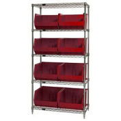 Wire Shelving With (8) Giant Plastic Stacking Bins Red, 36x18x74