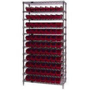 Wire Shelving with (77) 4"H Plastic Shelf Bins Red, 36x14x74