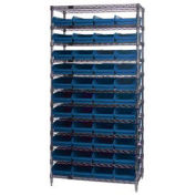 Wire Shelving with (44) 4"H Plastic Shelf Bins Blue, 36x14x74