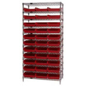 Wire Shelving with (33) 4"H Plastic Shelf Bins Red, 36x14x74