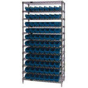 Wire Shelving with (77) 4"H Plastic Shelf Bins Blue, 36x18x74