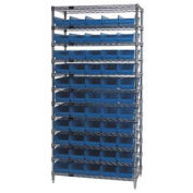 Wire Shelving with (55) 4"H Plastic Shelf Bins Blue, 36x18x74