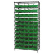 Wire Shelving with (55) 4"H Plastic Shelf Bins Green, 36x18x74