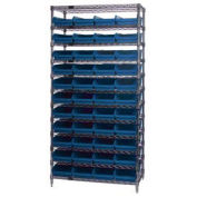 Wire Shelving with (44) 4"H Plastic Shelf Bins Blue, 36x18x74