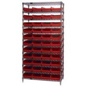 Wire Shelving with (44) 4"H Plastic Shelf Bins Red, 36x18x74