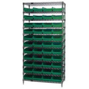 Wire Shelving with (44) 4"H Plastic Shelf Bins Green, 36x18x74