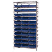 Wire Shelving with (33) 4"H Plastic Shelf Bins Blue, 36x18x74